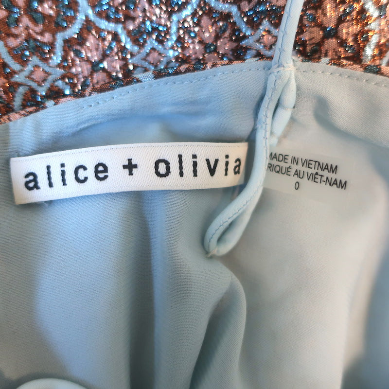 Alice + Olivia Tayla Metallic Jacquard Mini Dress Light Blue/Copper Size 0