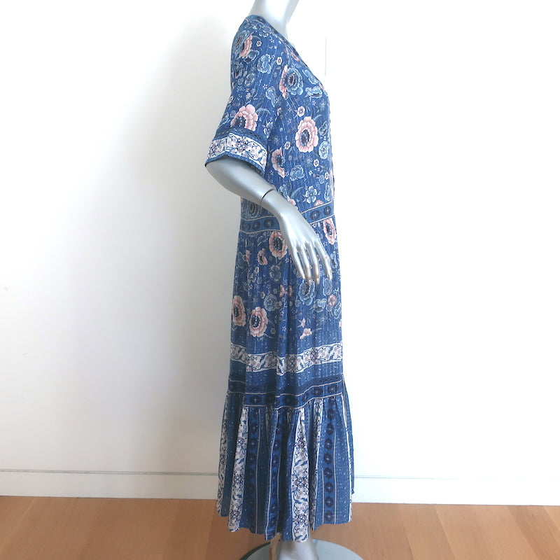 Spell &amp; The Gypsy Zahara Midi Dress Blue Metallic Floral Print Size Extra Small