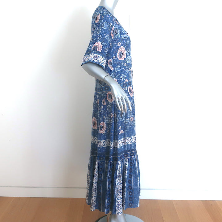 Spell &amp; The Gypsy Zahara Midi Dress Blue Metallic Floral Print Size Extra Small