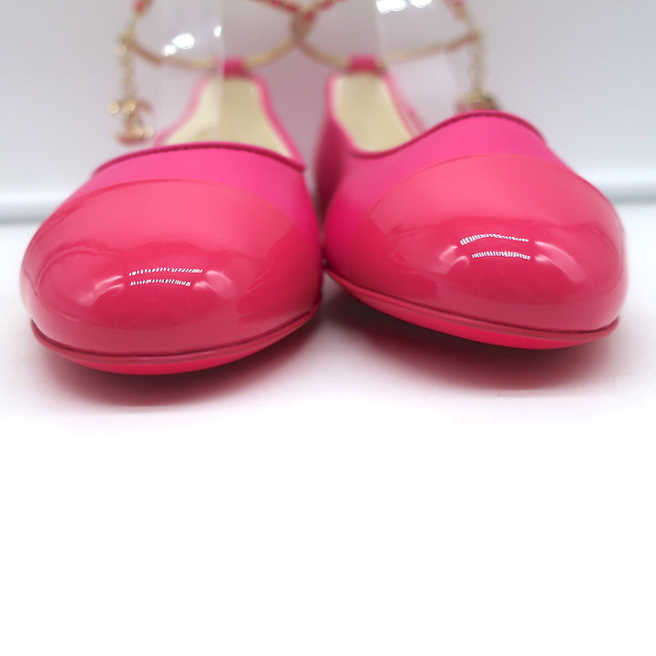 Chanel CC Ankle Chain Cap Toe Ballet Flats Hot Pink Leather Size 36 NEW