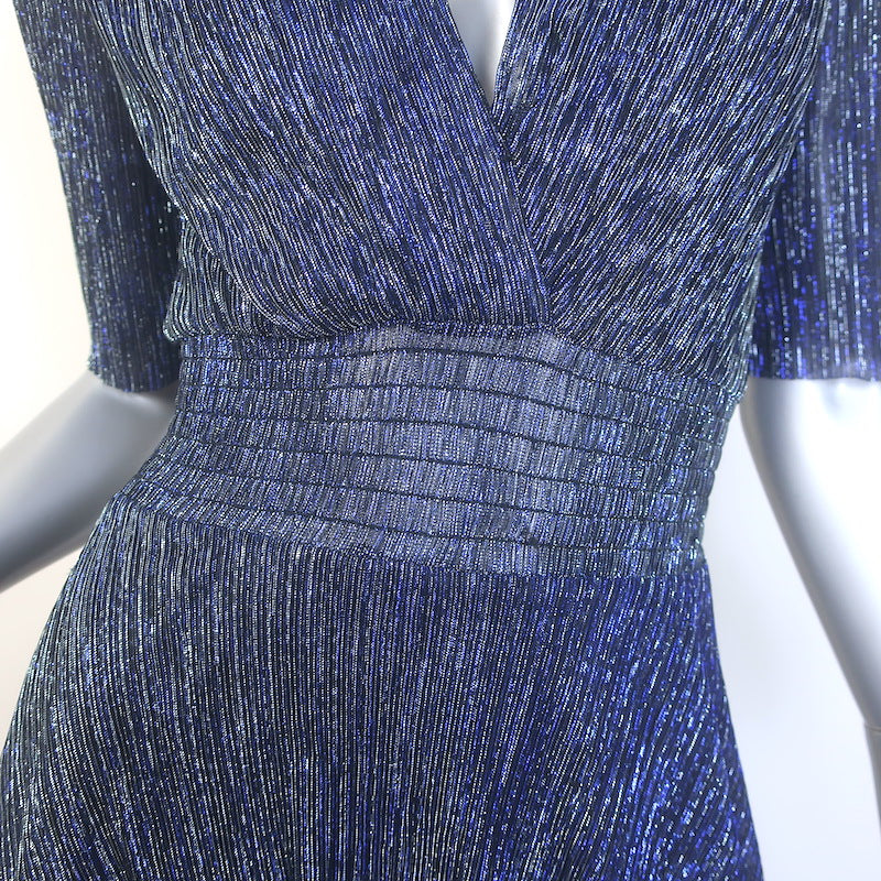 Maje Tiered Lame Midi Dress Metallic Blue Size 36