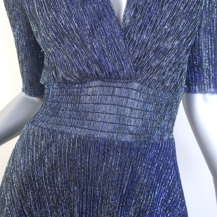 Maje Tiered Lame Midi Dress Metallic Blue Size 36