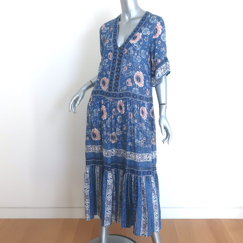 Spell &amp; The Gypsy Zahara Midi Dress Blue Metallic Floral Print Size Extra Small