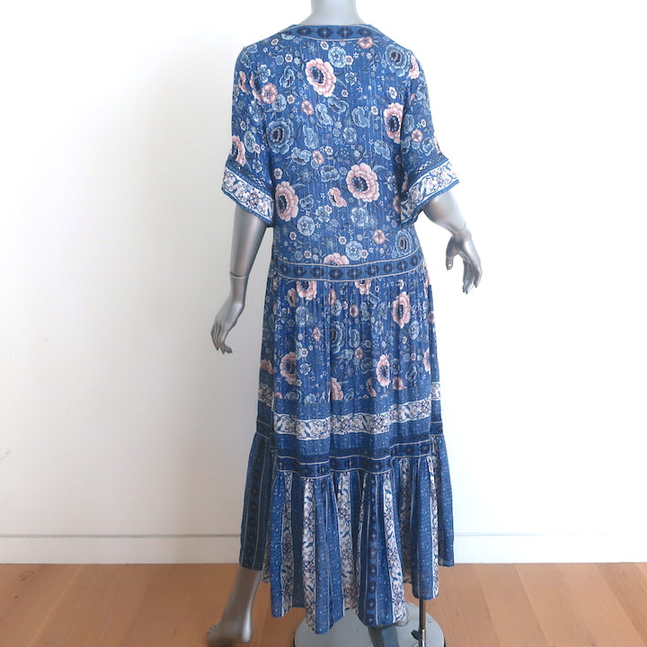 Spell &amp; The Gypsy Zahara Midi Dress Blue Metallic Floral Print Size Extra Small