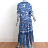 Spell & The Gypsy Zahara Midi Dress Blue Metallic Floral Print Size Extra Small
