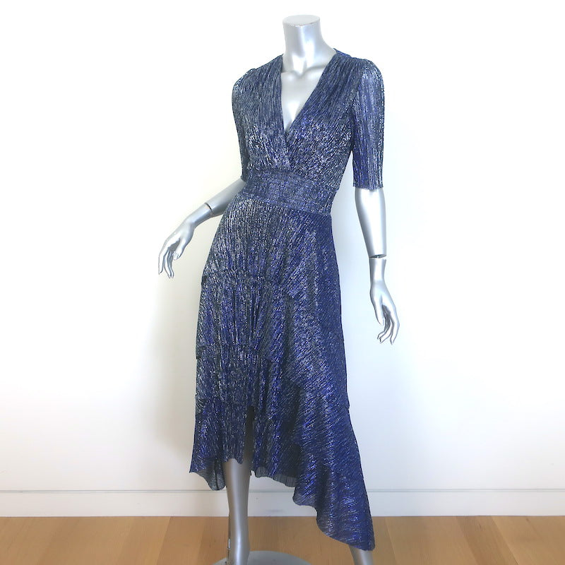 Maje Tiered Lame Midi Dress Metallic Blue Size 36