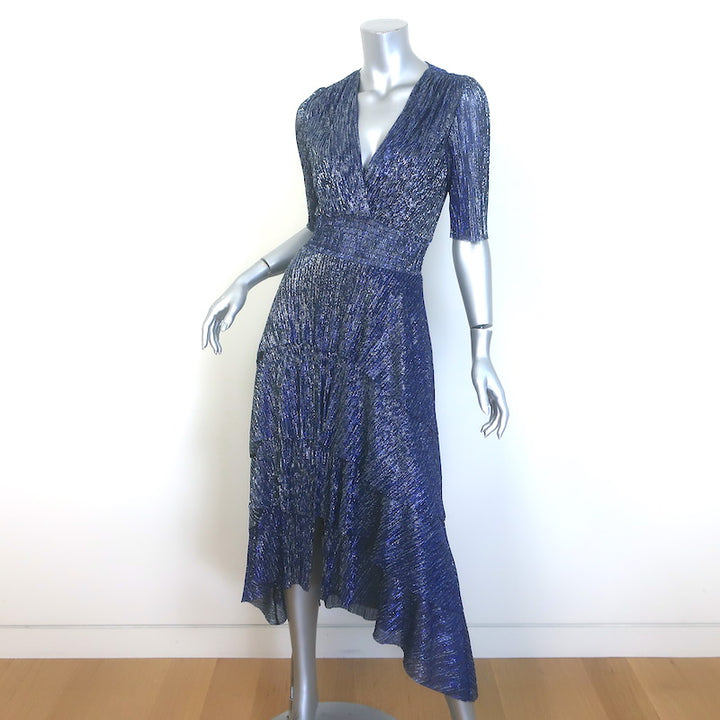 Maje Tiered Lame Midi Dress Metallic Blue Size 36