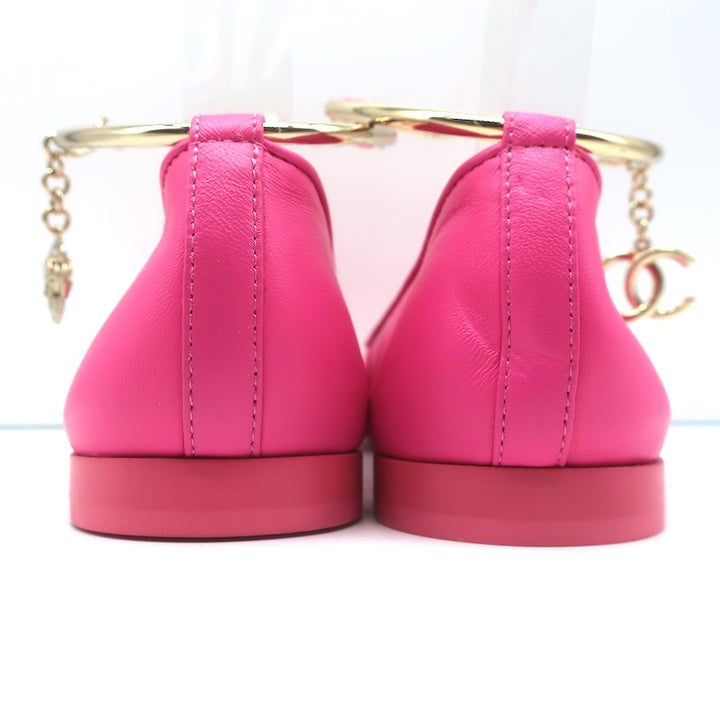 Chanel CC Ankle Chain Cap Toe Ballet Flats Hot Pink Leather Size 36 NEW