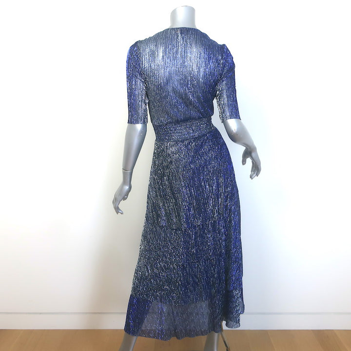 Maje Tiered Lame Midi Dress Metallic Blue Size 36