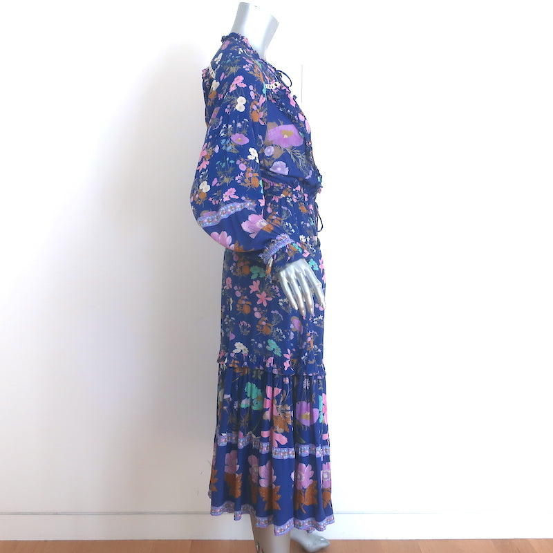 Spell &amp; The Gypsy Wild Bloom Long Sleeve Midi Dress Blue Floral Print Size Small