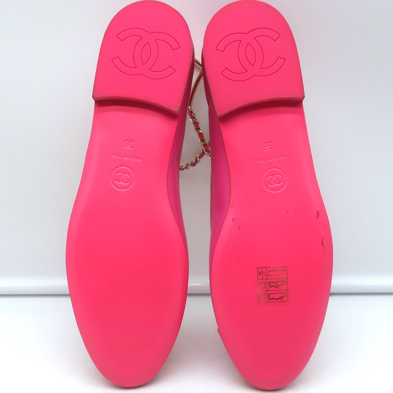 Chanel CC Ankle Chain Cap Toe Ballet Flats Hot Pink Leather Size 36 NEW