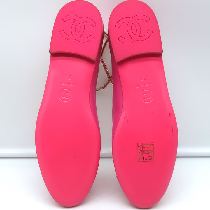 Chanel CC Ankle Chain Cap Toe Ballet Flats Hot Pink Leather Size 36 NEW