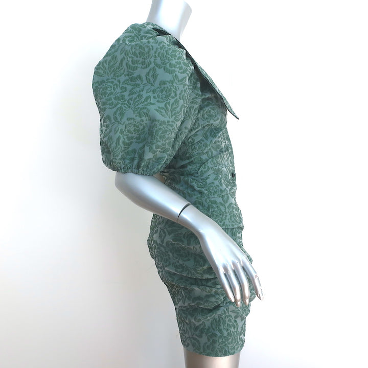 GANNI Gathered Jacquard Mini Dress Myrtle Size 34 Puff Sleeve Button-Front
