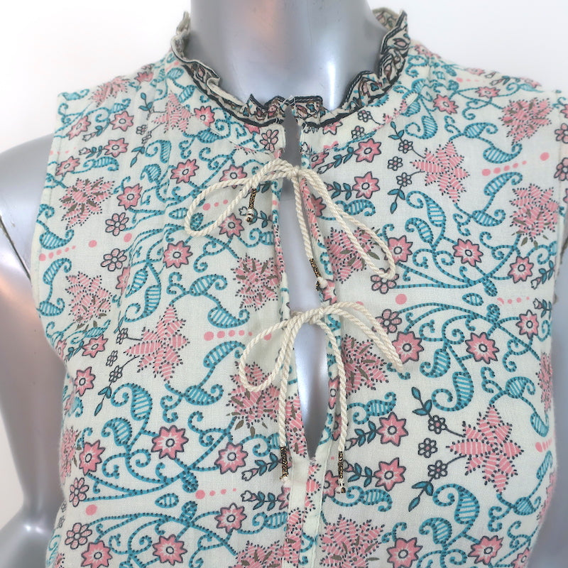Ulla Johnson Tie-Neck Sleeveless Midi Dress Cream Floral Print Cotton Size 2 NEW