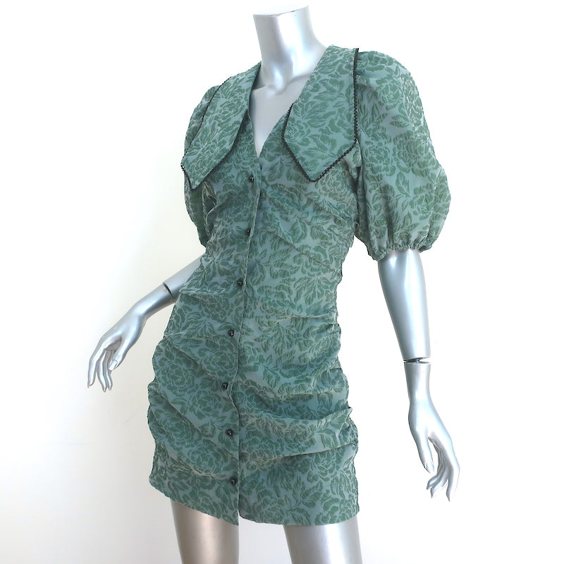 GANNI Gathered Jacquard Mini Dress Myrtle Size 34 Puff Sleeve Button-Front