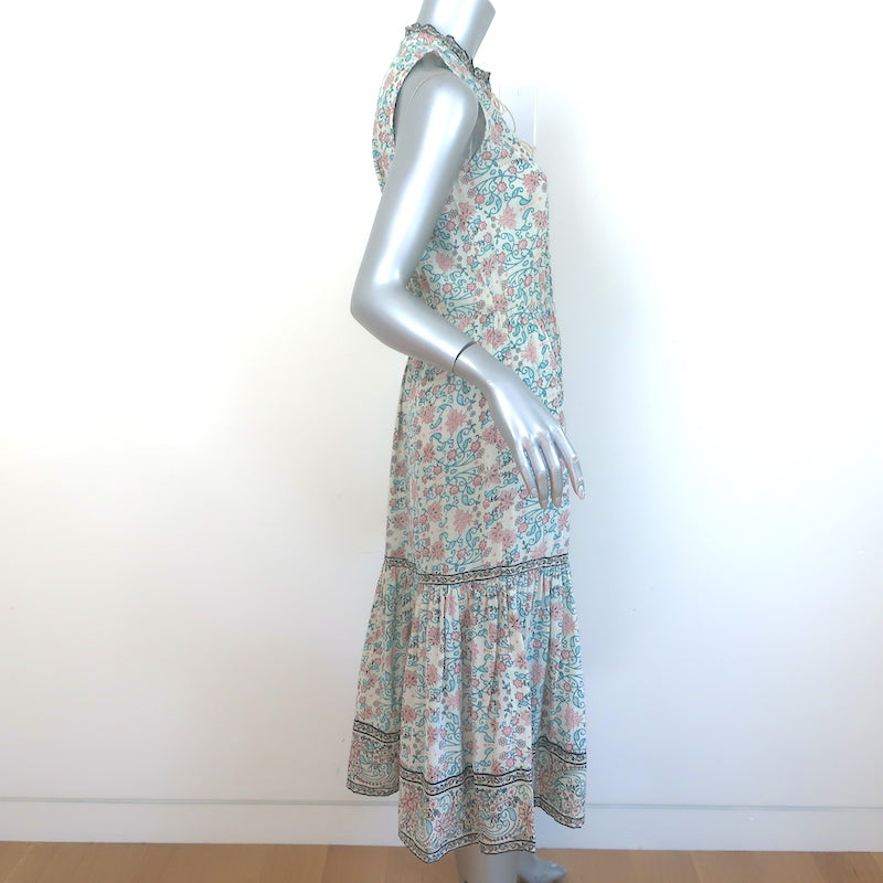Ulla Johnson Tie-Neck Sleeveless Midi Dress Cream Floral Print Cotton Size 2 NEW
