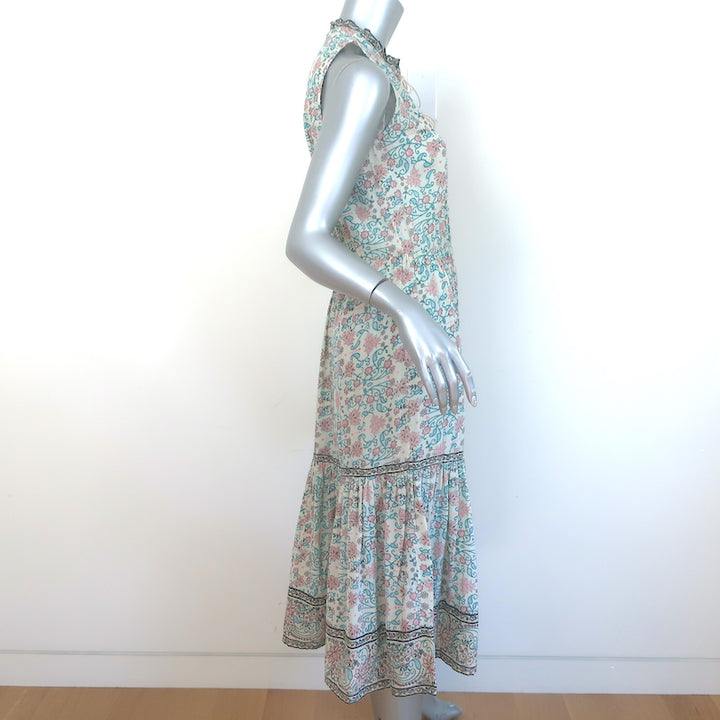 Ulla Johnson Tie-Neck Sleeveless Midi Dress Cream Floral Print Cotton Size 2 NEW