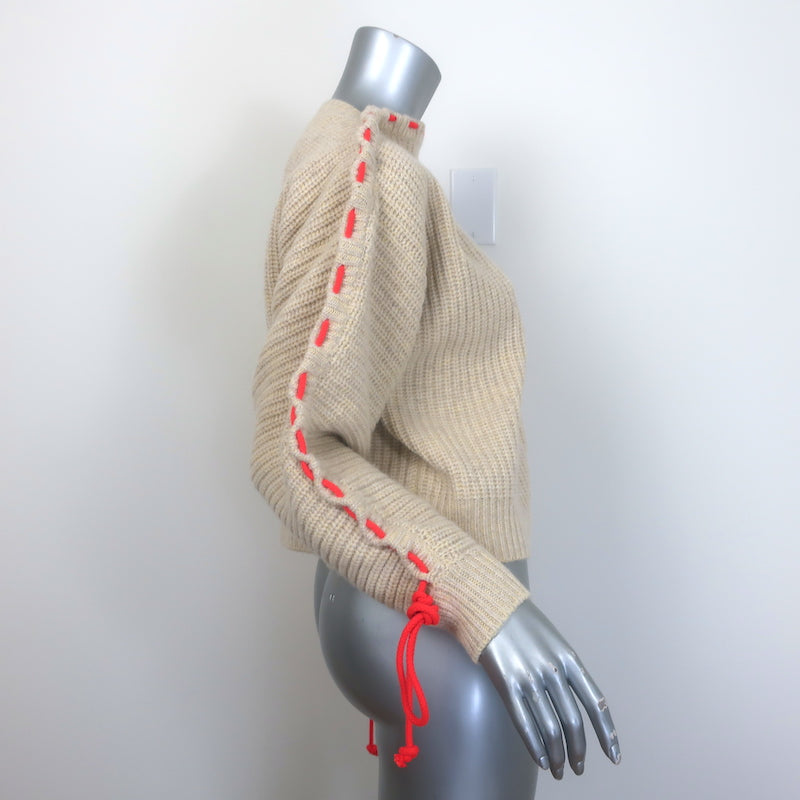 Victoria Beckham cord-gathered ribbed wool sweater in oatmeal, pre-owned luxury knit, size Small