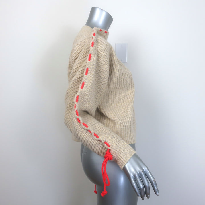 Victoria Beckham cord-gathered ribbed wool sweater in oatmeal, pre-owned luxury knit, size Small