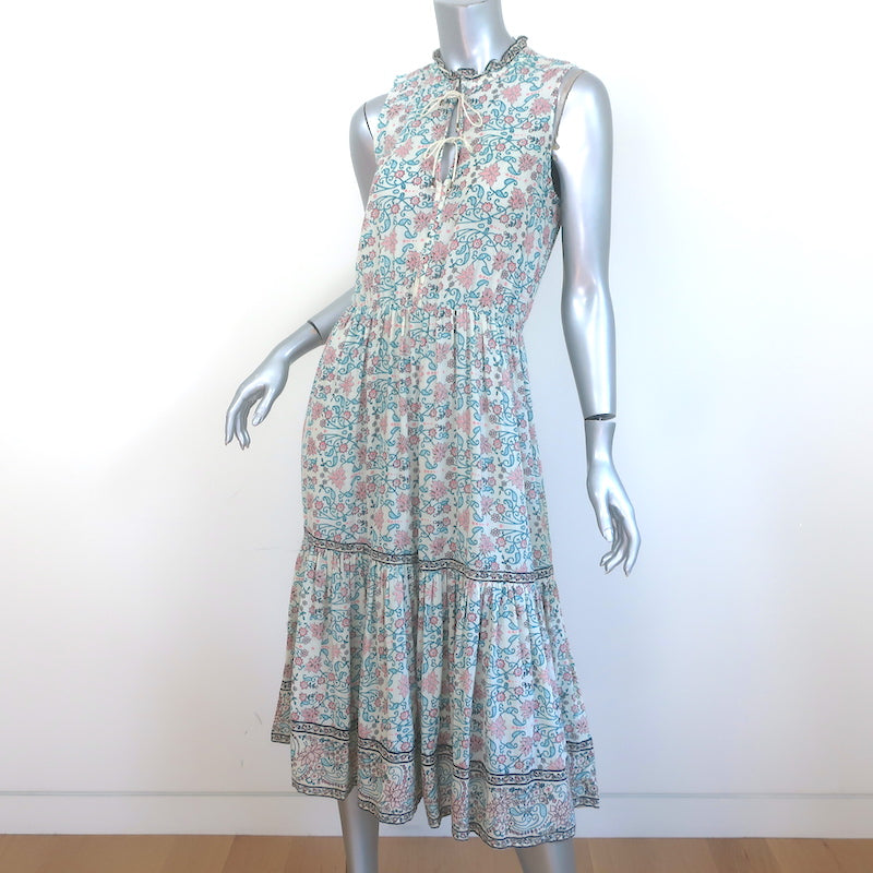 Ulla Johnson Tie-Neck Sleeveless Midi Dress Cream Floral Print Cotton Size 2 NEW