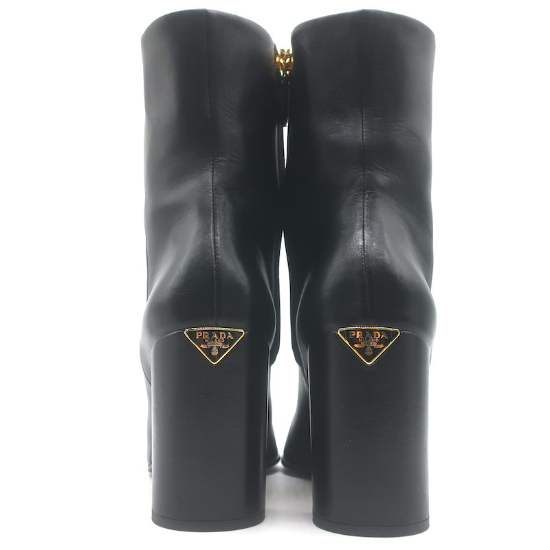 Prada Triangle-Logo Block Heel Ankle Boots Black Leather Size 36.5