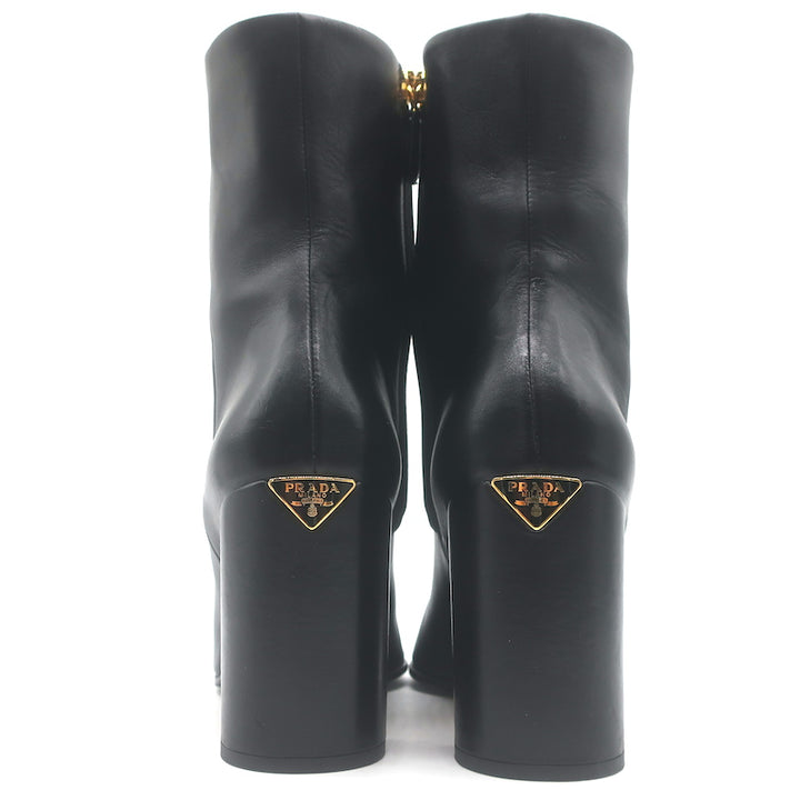 Prada Triangle-Logo Block Heel Ankle Boots Black Leather Size 36.5