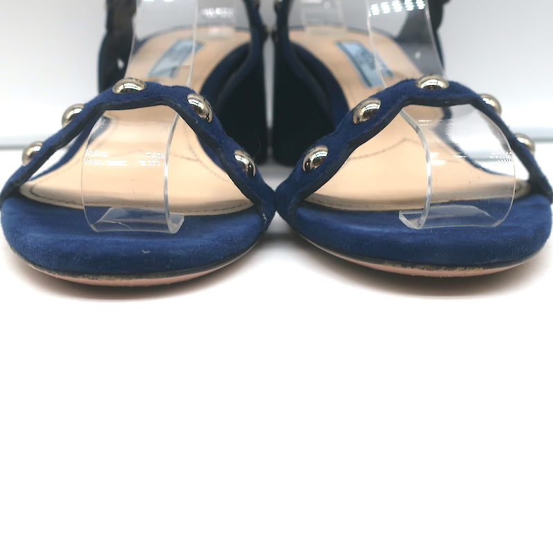 Prada Studded Scalloped Suede Sandals Navy Size 36 Ankle Strap Heels