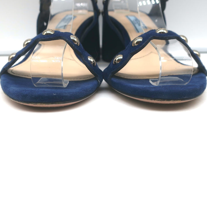 Prada Studded Scalloped Suede Sandals Navy Size 36 Ankle Strap Heels