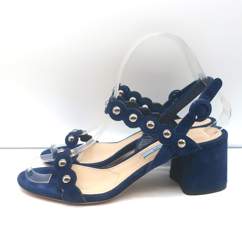 Prada Studded Scalloped Suede Sandals Navy Size 36 Ankle Strap Heels