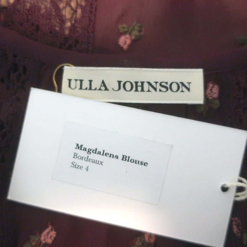 Ulla Johnson Magdalena Top Bordeaux Floral-Embroidered Georgette Size 4 NEW