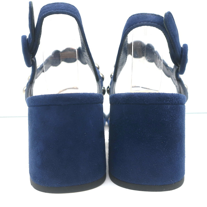 Prada Studded Scalloped Suede Sandals Navy Size 36 Ankle Strap Heels