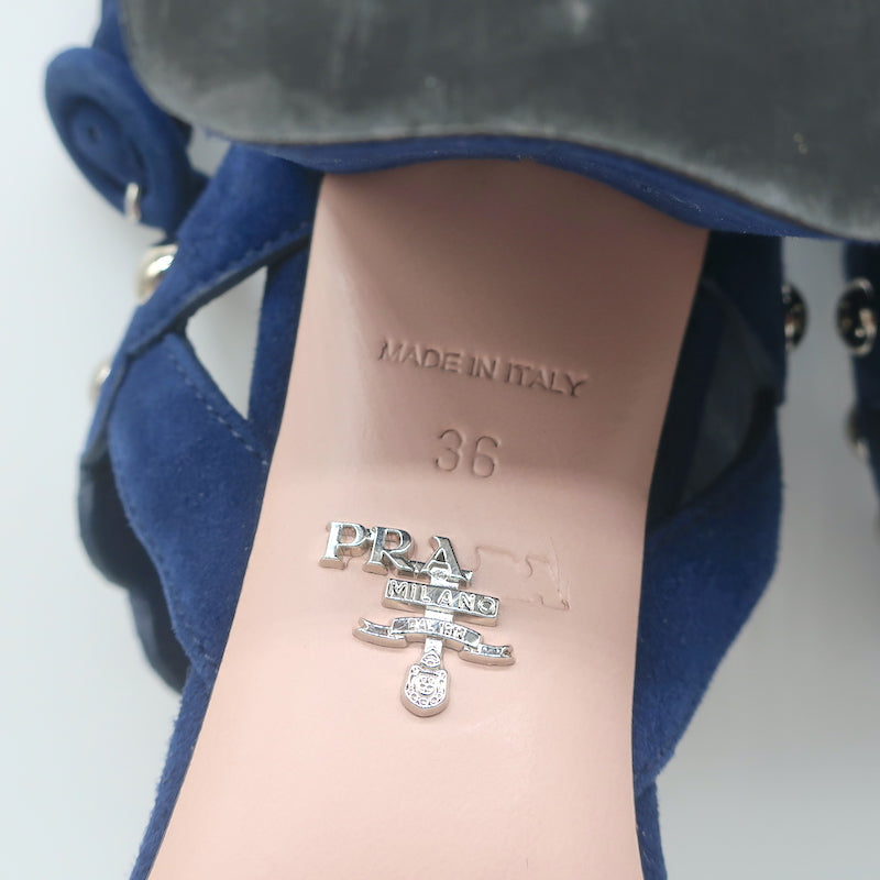 Prada Studded Scalloped Suede Sandals Navy Size 36 Ankle Strap Heels