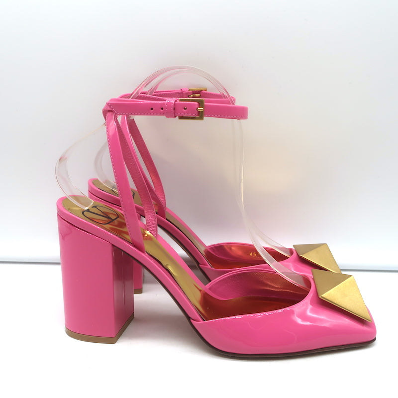 Valentino One Stud Ankle Strap Pumps Hot Pink Patent Leather Size 36.5