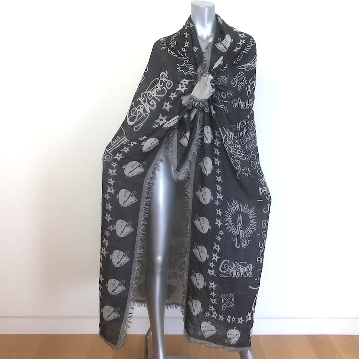 Givenchy World Tour Fringed Gauze Shawl Scarf Black/Gray