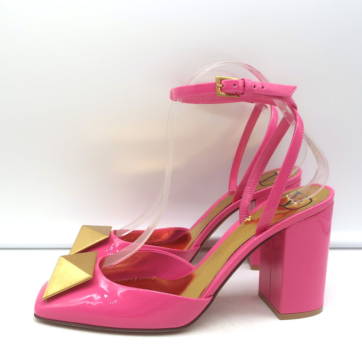 Valentino One Stud Ankle Strap Pumps Hot Pink Patent Leather Size 36.5