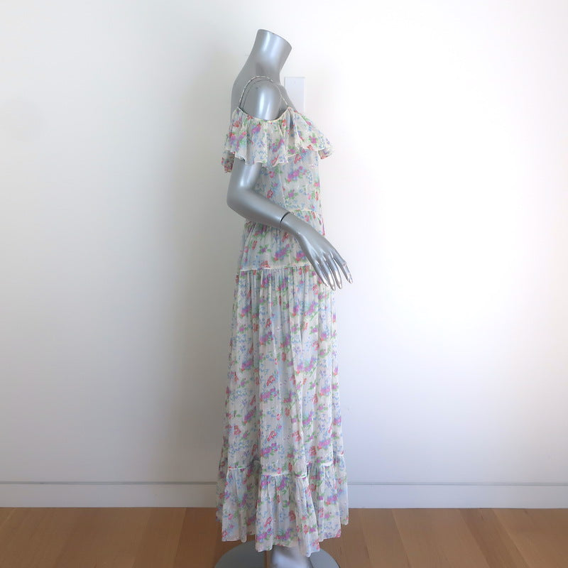 Saint Laurent Crystal-Strap Ruffled Maxi Dress White Floral Print Silk Size 36