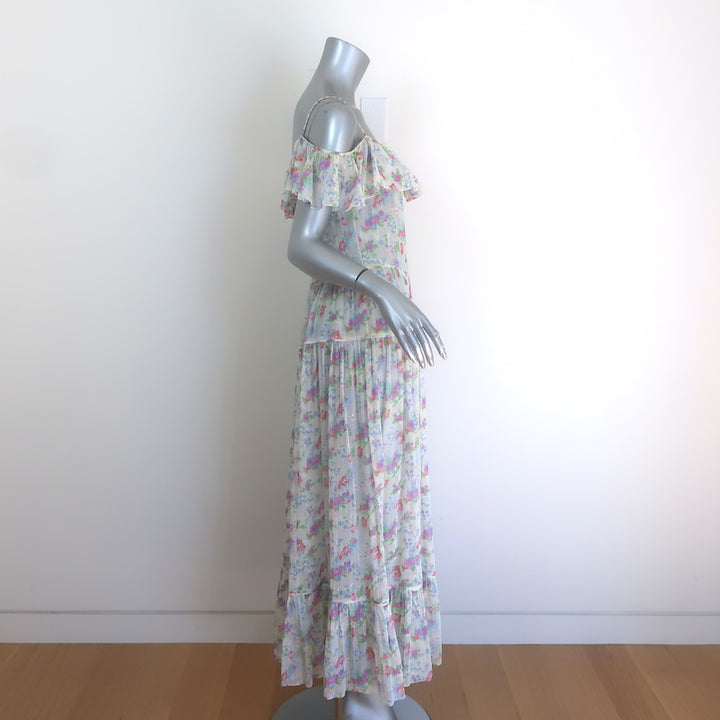 Saint Laurent Crystal-Strap Ruffled Maxi Dress White Floral Print Silk Size 36