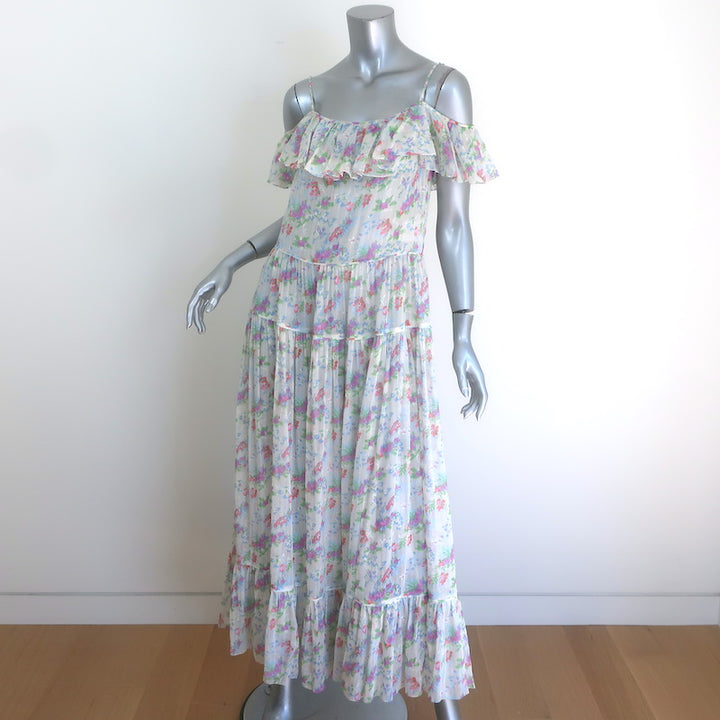 Saint Laurent Crystal-Strap Ruffled Maxi Dress White Floral Print Silk Size 36