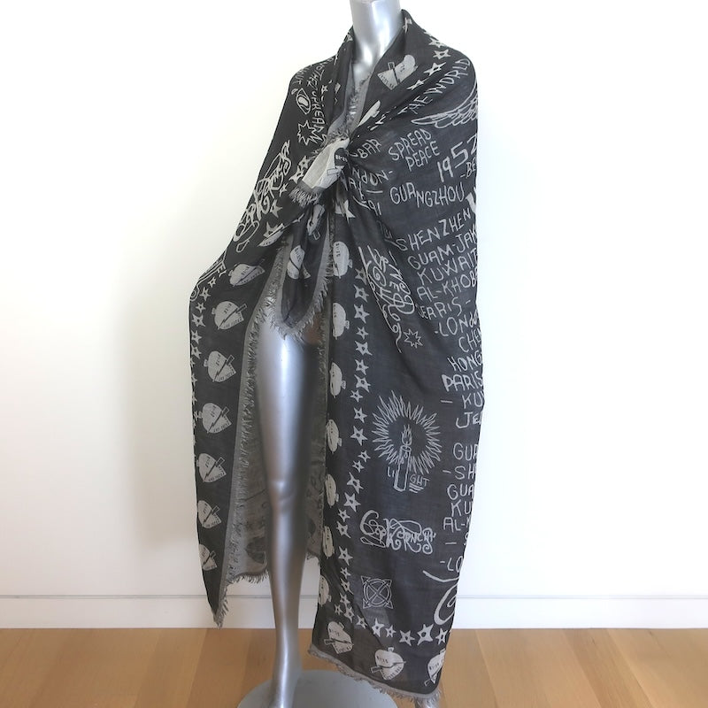 Givenchy World Tour Fringed Gauze Shawl Scarf Black/Gray