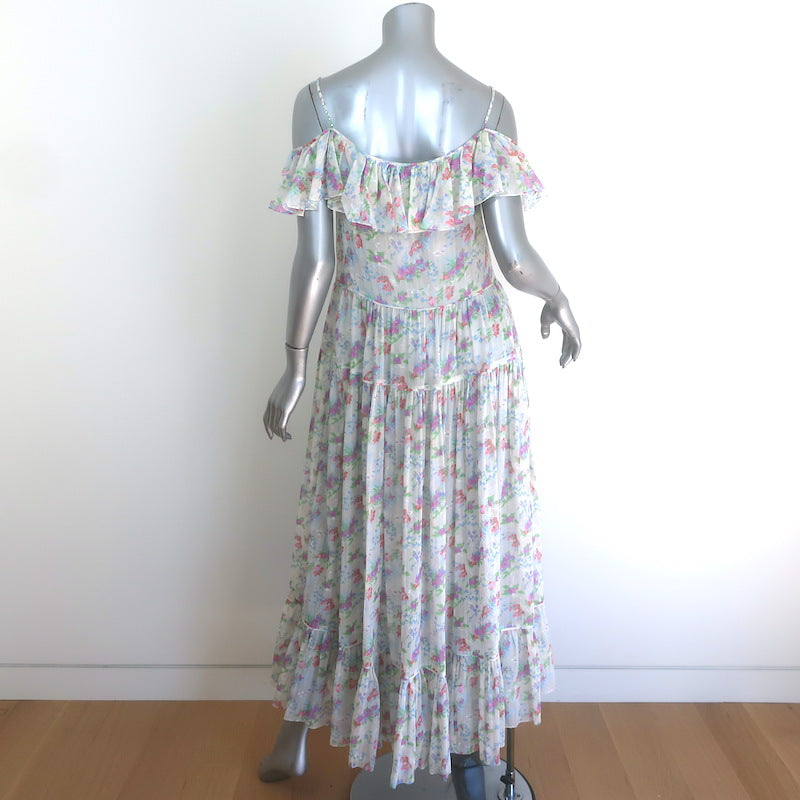 Saint Laurent Crystal-Strap Ruffled Maxi Dress White Floral Print Silk Size 36
