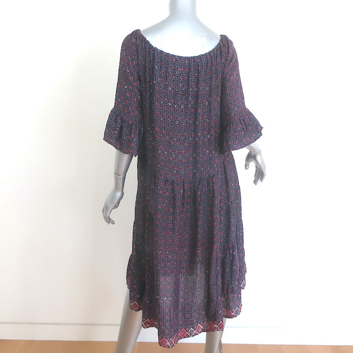 Natalie Martin Mesa Bell Sleeve Tiered Dress Purple Floral Print Silk Size Small