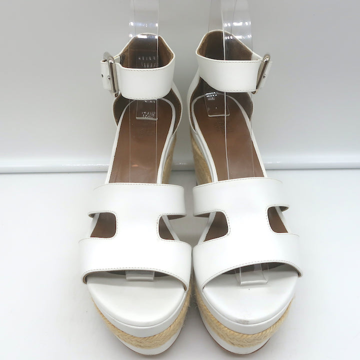 Hermes Ilana Espadrille Wedges White Leather Size 36 Platform Sandals