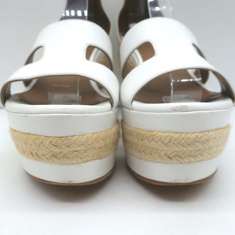 Hermes Ilana Espadrille Wedges White Leather Size 36 Platform Sandals