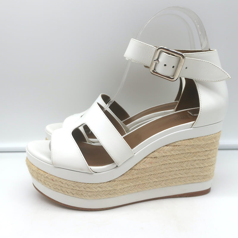 Hermes Ilana Espadrille Wedges White Leather Size 36 Platform Sandals