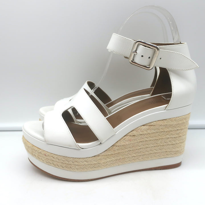 Hermes Ilana Espadrille Wedges White Leather Size 36 Platform Sandals