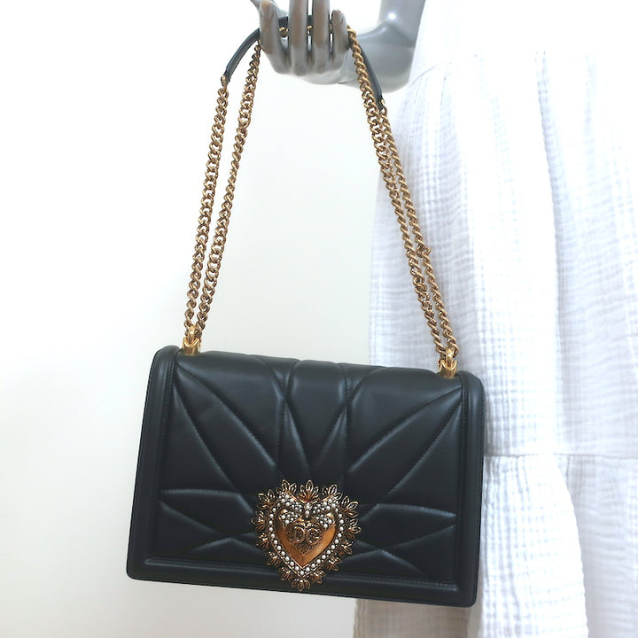 Dolce &amp; Gabbana Devotion Large Shoulder Bag Black Quilted Leather Crossbody NEW