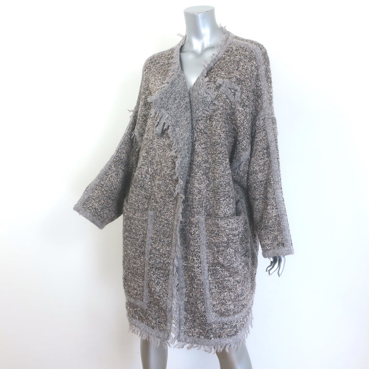 Authentic Chloe fringed boucle knit sweater coat in gray-beige wool-blend, size XS, gently pre-owned luxury piece