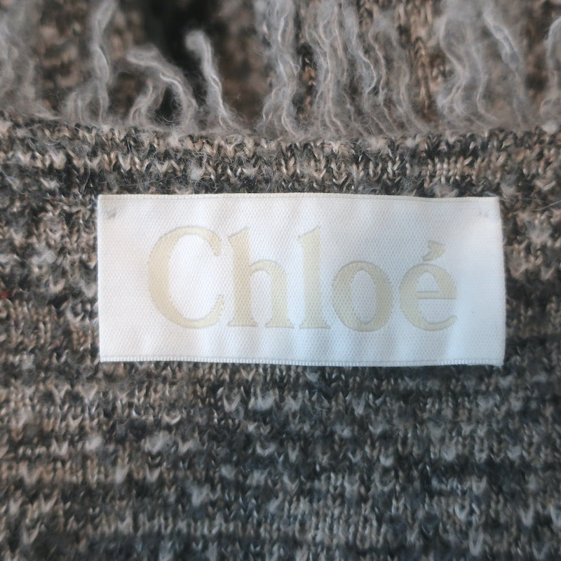 Chloe fringed boucle sweater-coat in gray-beige wool-blend, authentic, gently pre-owned luxury knitwear.
