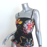 Cynthia Rowley Leather-Tie Sequined Top Black Floral Print Satin Size Small NEW