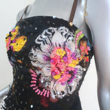 Cynthia Rowley Leather-Tie Sequined Top Black Floral Print Satin Size Small NEW